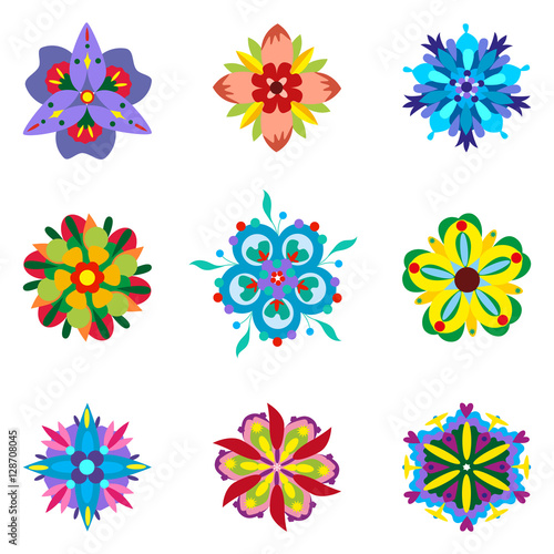 Set of nine symmetrical many-coloured floral elements