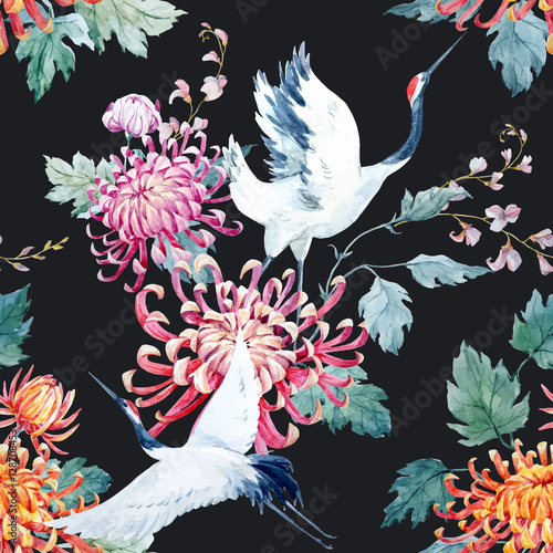 Watercolor crane pattern