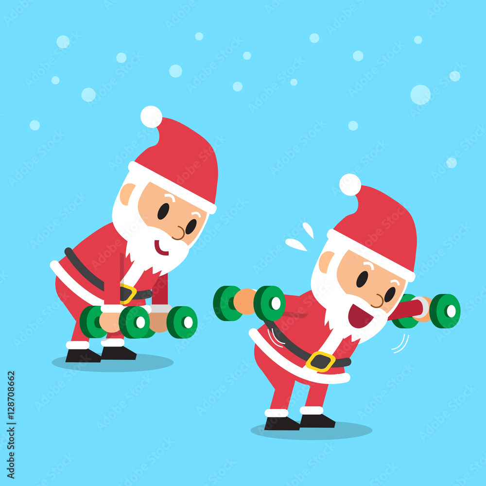 Cartoon santa claus doing dumbbell bent over lateral raise exercise step training Cartoon santa claus doing dumbbell bent over lateral raise exercise step training