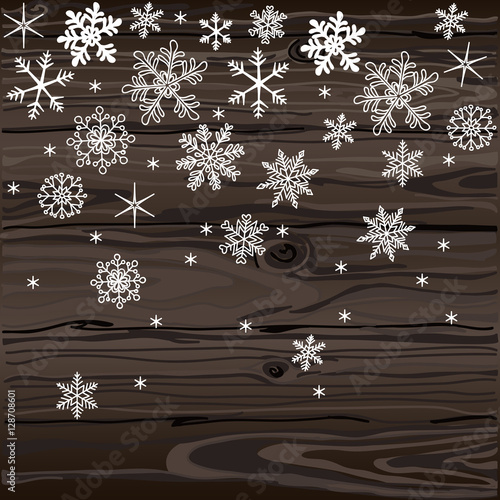 Falling snowflakes on wood seamless texture. Natural dark wooden background. Vector illustration