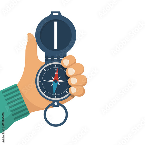 Holds a compass in hand.