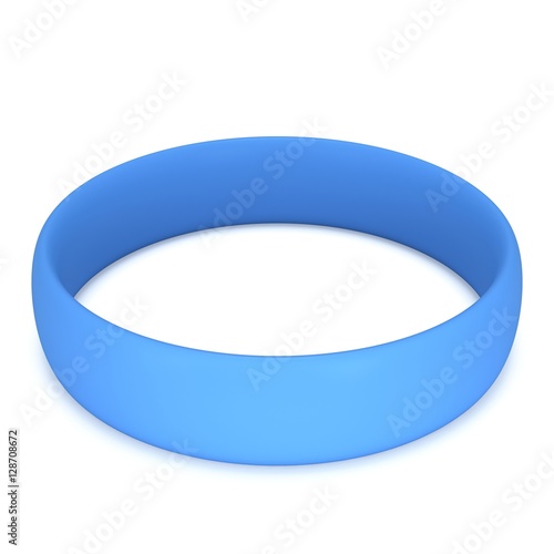 Blue rubber plastic stretch white bracelet. 3d render isolated on white background.