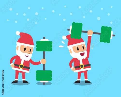 Cartoon santa claus doing weight training