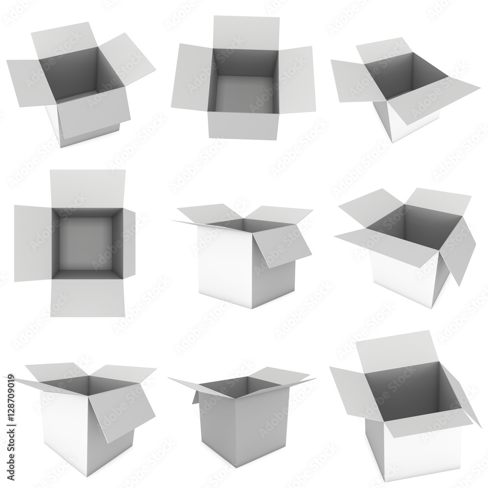 Open box set. 3d render illustration isolated on white. Transportation concept. Open box set. 3d render illustration isolated on white. Transportation concept.