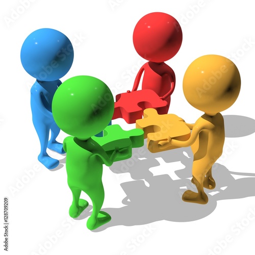 Merger concept. Four businessmen trying to connect red blue green and yellow puzzles. 3d render illustration isolated on white background.