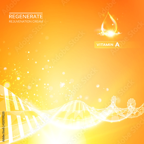Regenerate face cream and Vitamin complex concept. Shining orange essence droplet. Vitamin E drop in form of sphere. Beauty skin care design over orange background. Vector illustration.