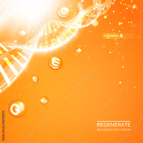 Regenerate face cream and Vitamin complex concept. Shining orange essence droplet. Vitamin E drop in form of sphere. Beauty skin care design over orange background. Vector illustration.