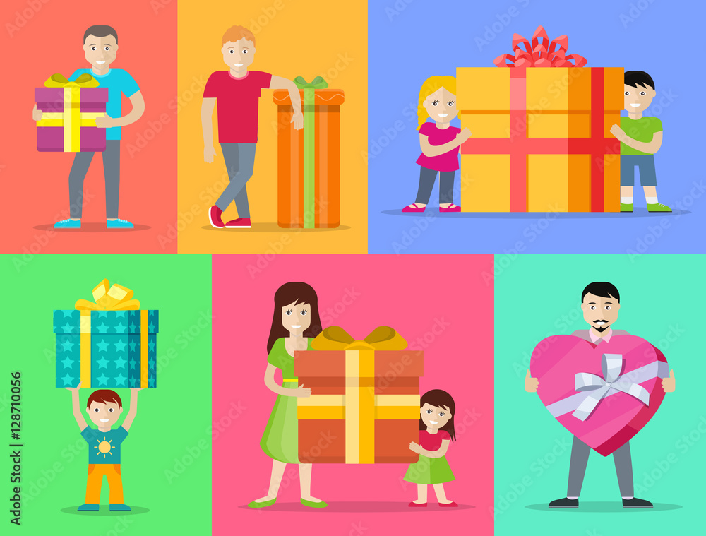 Happy Peoples with Gifts Flat Design Vectors Set Happy Peoples with Gifts Flat Design Vectors Set