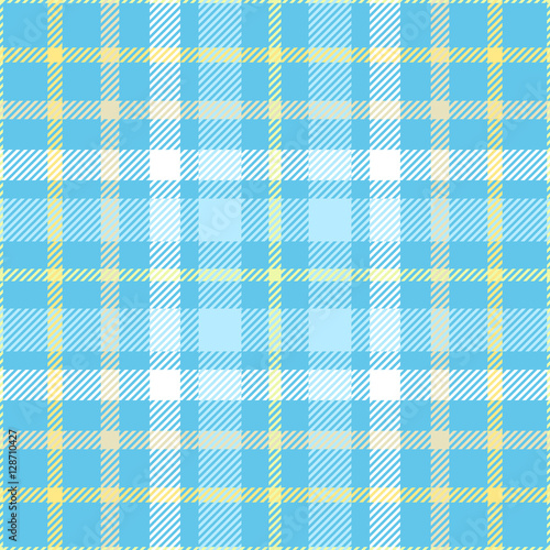 Seamless tartan plaid pattern. Checkered fabric texture in yellow, light blue & white stripes on bright azure blue background. 