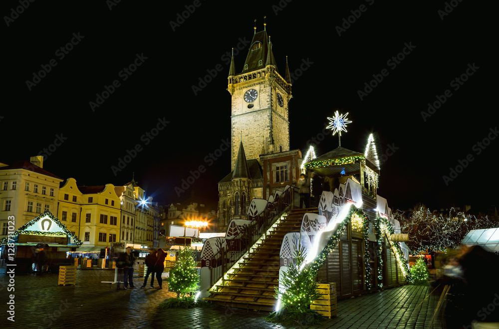 Christmas market in Prague at evening, Czech republic
