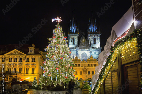Photography Christmas market in Prague at evening, Czech republic