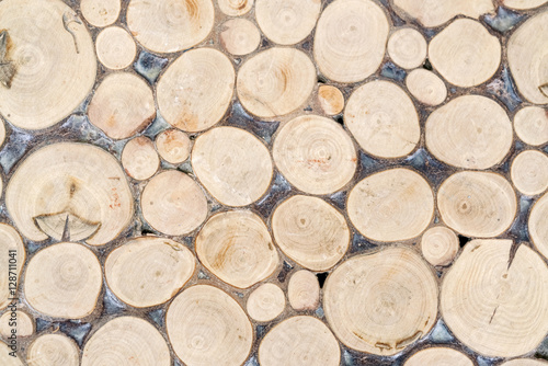 Surface of the round wooden pieces  background  texture