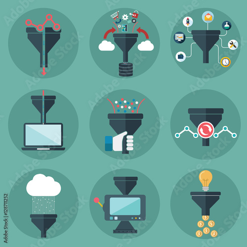 Flat design illustration concepts for creative process, big data filter, data tunnel, analysis concept and cloud computing