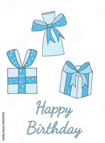 Happy Birthday greeting card with three big gift and text