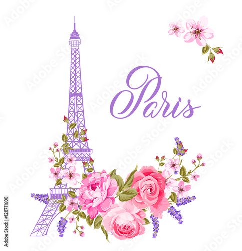 The marriage card. Wedding invitation card template. Eiffel tower symbol with spring blooming flowers over gray text pattern with sign Paris souvenir. Vector illustration.