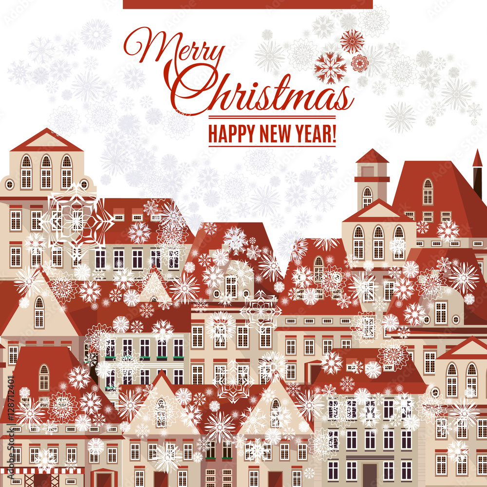 Merry Christmas and Happy New Year greeting card. City Prague Czech Republic background for your design. Snowfall. Vector illustration