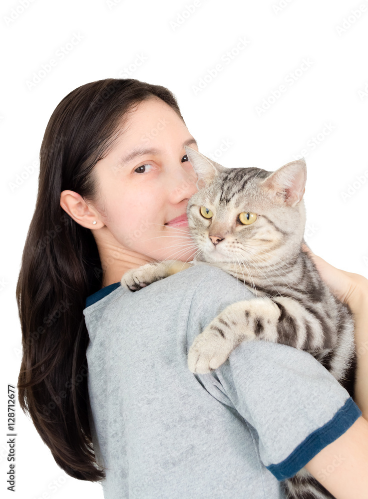 Portrait of the beautiful young woman with cat on the white back Portrait of the beautiful young woman with cat on the white back