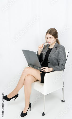 business woman laptop on white background
