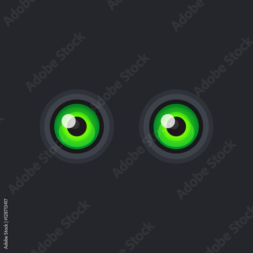 Green Cartoon Eyes on Dark Background. Vector