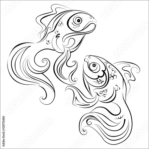 Illustration of two stylized Golden fish with no fill color