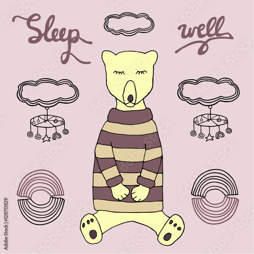 Sleeping bear with inscription and baby toys. Hand drawn sketchy illustration. Sleep well.
