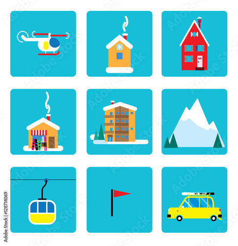 Skiing resort icons set. Hotel, house, cottage, helicopter, mountain, skiing cable car, lift, car, hill, flag. vector illustration