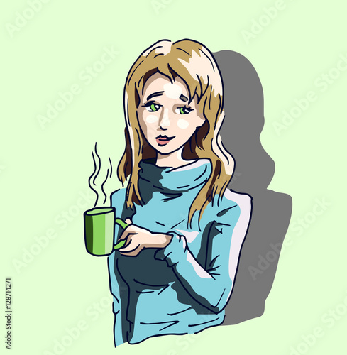 Meisje drinkt warme mok met chocolademelk