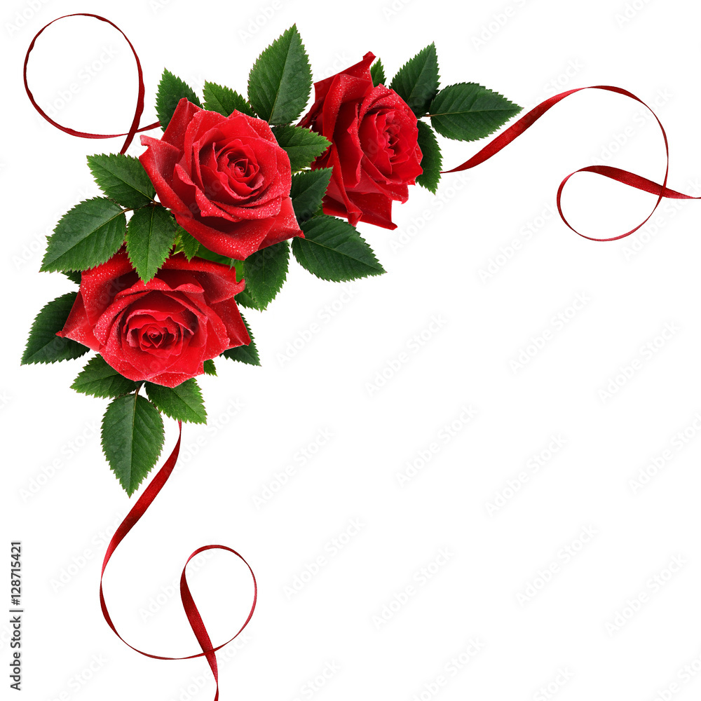 Fototapeta premium Red rose flowers and silk ribbon corner arrangement