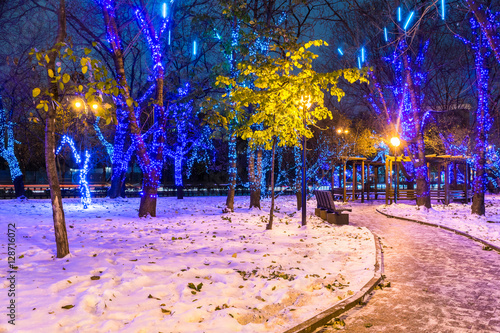 New Year and Christmas lighting decoration of the park at Serpukhovskaya square, Moscow Russia photo