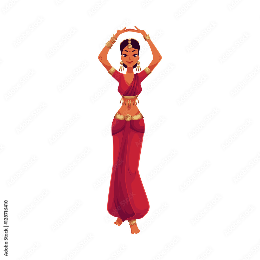 Indian female dancer in traditional costume, cartoon vector illustration isolated on white background. Traditional Indian female dancer in sari, national costume, Bollywood performer Indian female dancer in traditional costume, cartoon vector illustration isolated on white background. Traditional Indian female dancer in sari, national costume, Bollywood performer