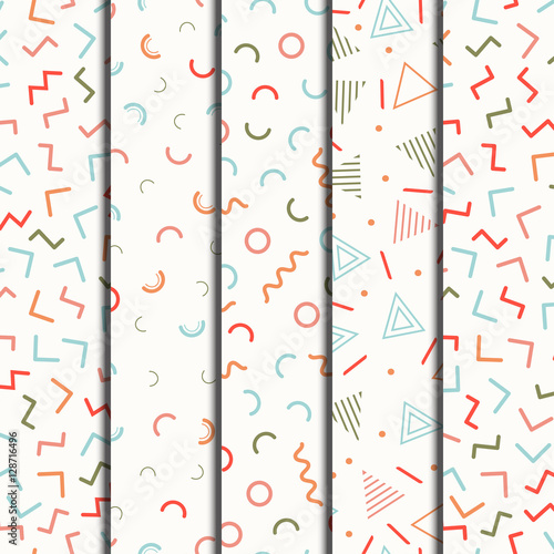 Retro memphis geometric line shapes seamless patterns set. Hipster fashion 80-90s. Abstract jumble textures. Black and white. Zigzag lines. Memphis style for printing, website, fabric design, poster.