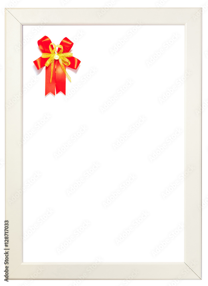 Obraz premium Red ribbon decorated on left corner of white frame, season greet