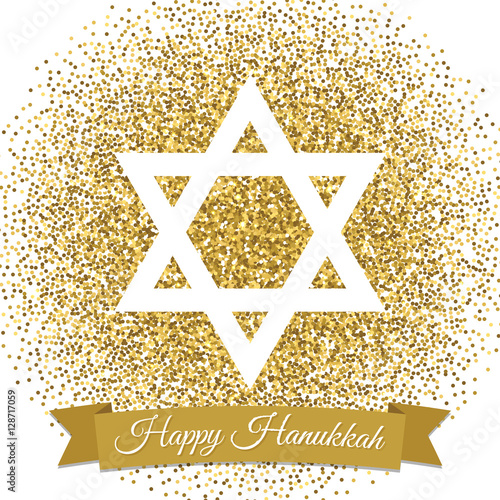 Happy Hanukkah greeting card. Star of David with gold glitter effect. Traditional Jewish symbol. Creative holiday vector illustration on a white background. Flyer, poster template for celebration.