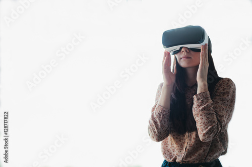 Obraz na płótnie Woman with glasses of virtual reality. Future technology concept. w salonie