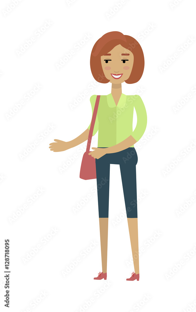 European Woman in Blouse and Breeches with Bag. European Woman in Blouse and Breeches with Bag.