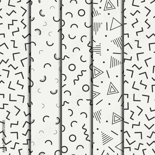 Retro memphis geometric line shapes seamless patterns set. Hipster fashion 80-90s. Abstract jumble textures. Black and white. Zigzag lines. Memphis style for printing, website, fabric design, poster.