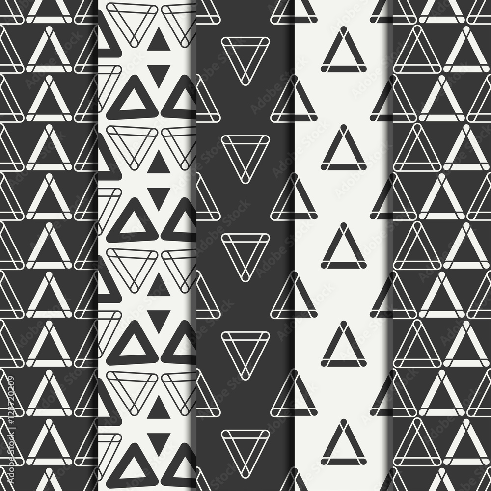 Set of geometric line monochrome abstract hipster seamless pattern with triangle. Wrapping paper. Scrapbook paper. Tiling. Vector illustration. Background. Graphic texture for your design, wallpaper. Set of geometric line monochrome abstract hipster seamless pattern with triangle. Wrapping paper. Scrapbook paper. Tiling. Vector illustration. Background. Graphic texture for your design, wallpaper.