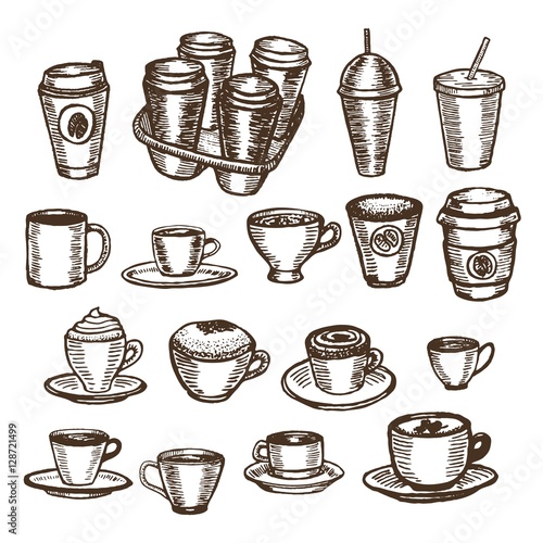 vector hand drawn set of cups and coffee to go