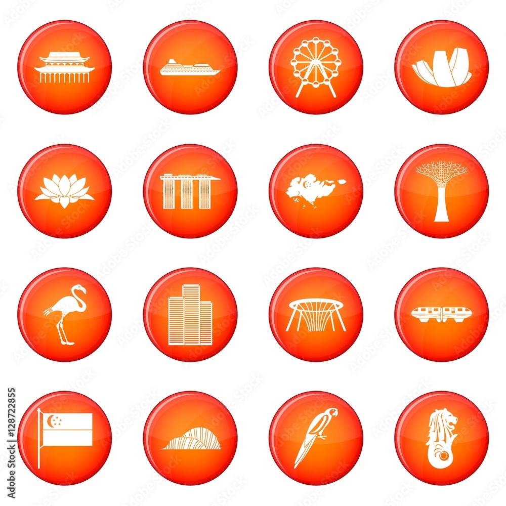 Singapore icons vector set of red circles isolated on white background ...