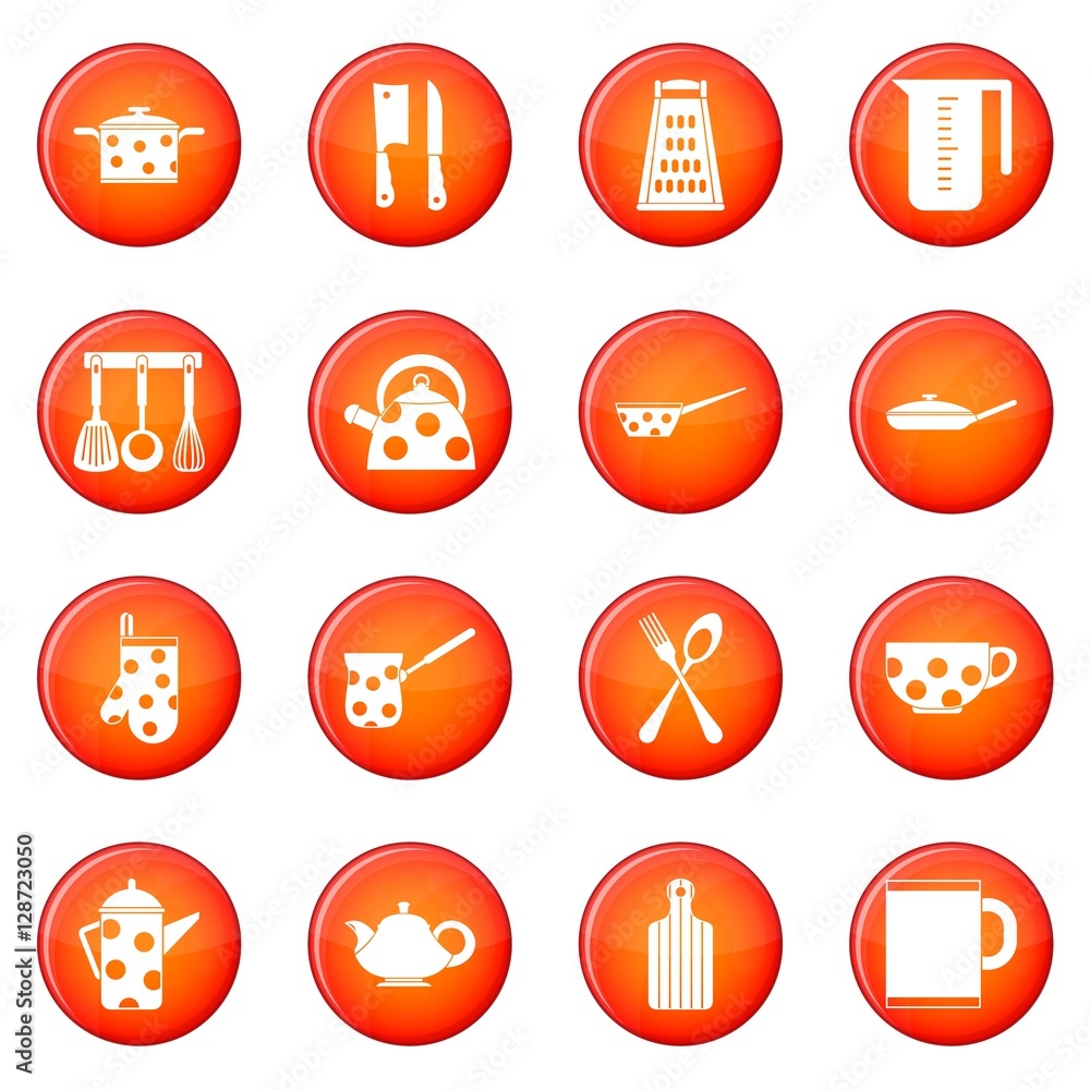 Kitchen tools icons vector set of red circles isolated on white background