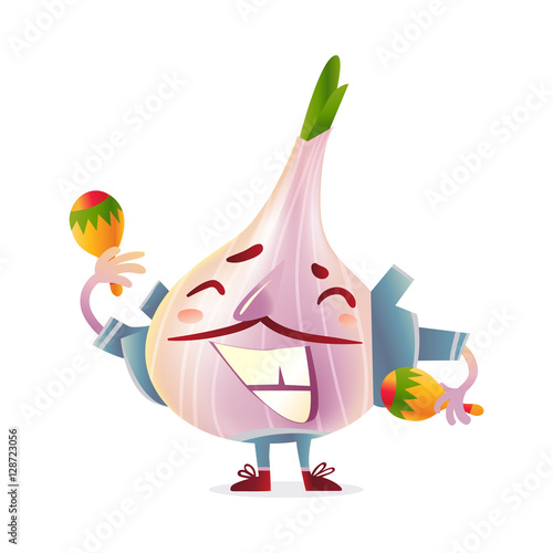 Happy garlic character in torero clothes smiling wildly and playing maracas, cartoon vector illustration isolated on white background. Garlic mascot in torero jacket and boots shaking maracas