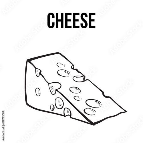 Hand drawn piece of Swiss cheese, sketch style vector illustration isolated on white background. Realistic hand drawing of an triangle chunk of fresh cheese with big holes