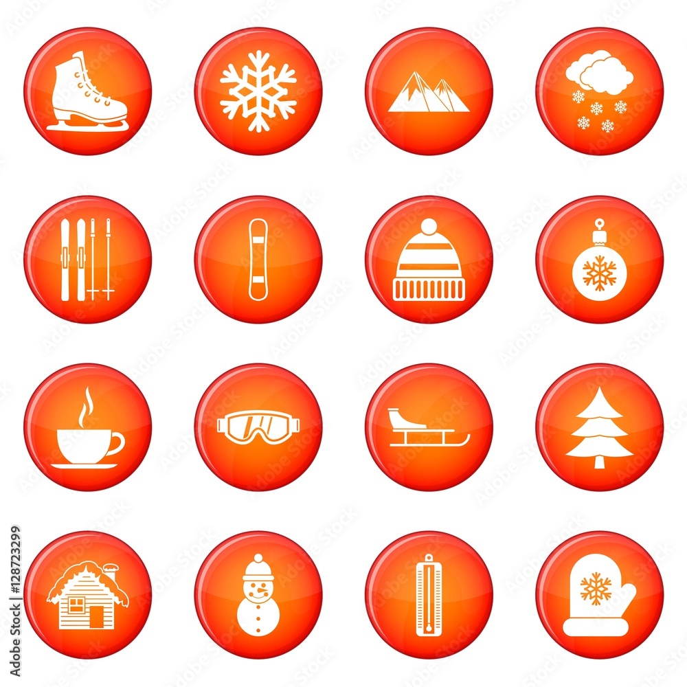Winter icons vector set of red circles isolated on white background