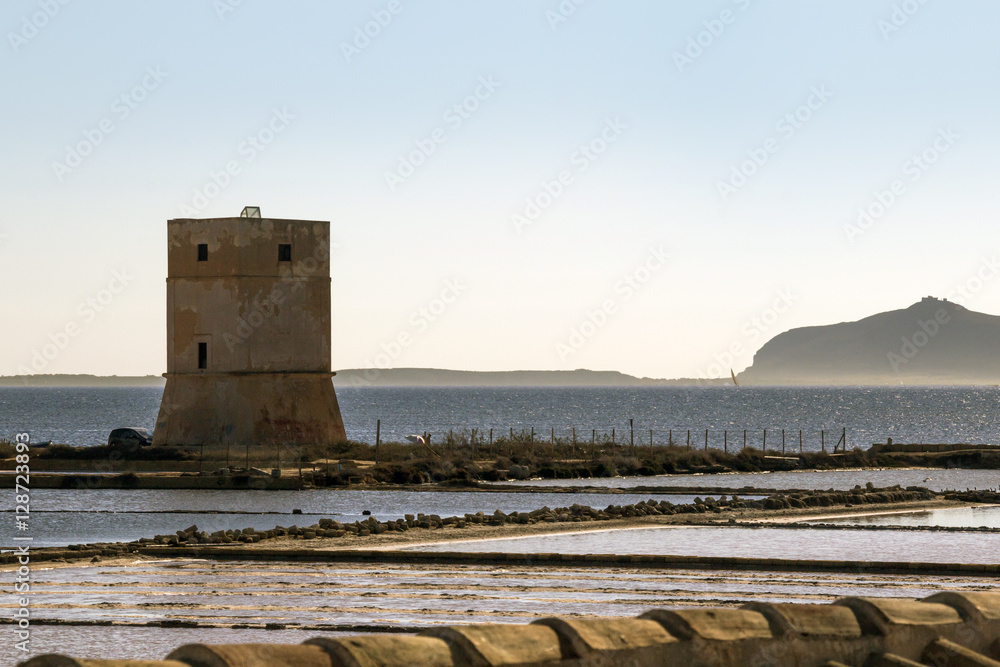 Sicily salt flats, a watchtower and the open sea
