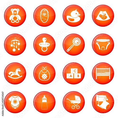 Newborn icons vector set of red circles isolated on white background