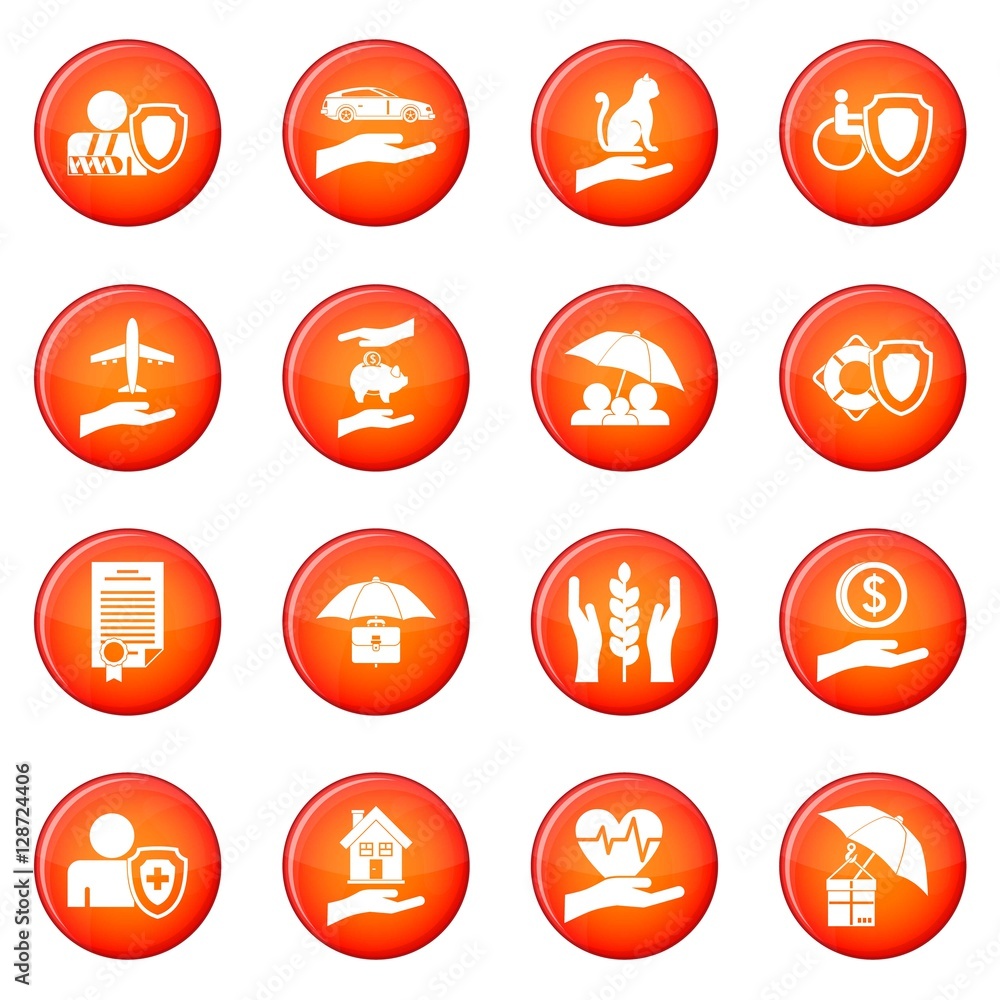 Insurance icons vector set of red circles isolated on white background ...