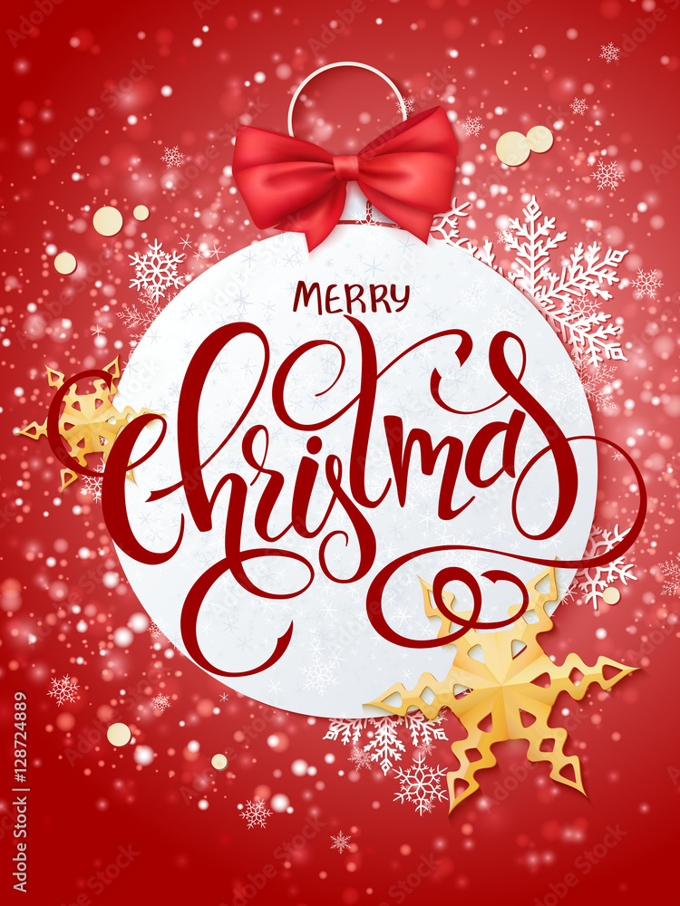 Vector merry christmas lettering with paper christmas ornament, ribbon bow, golden stars and snowflakes on shiny snow background