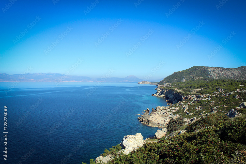 Gulf of Corinth coast view near Lighthouse Melagavi, Greece