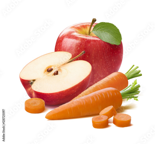 Red apple carrot pieces isolated on white background