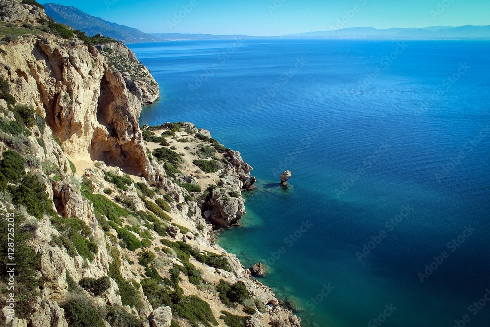 Gulf of Corinth coast view near Lighthouse Melagavi, Greece